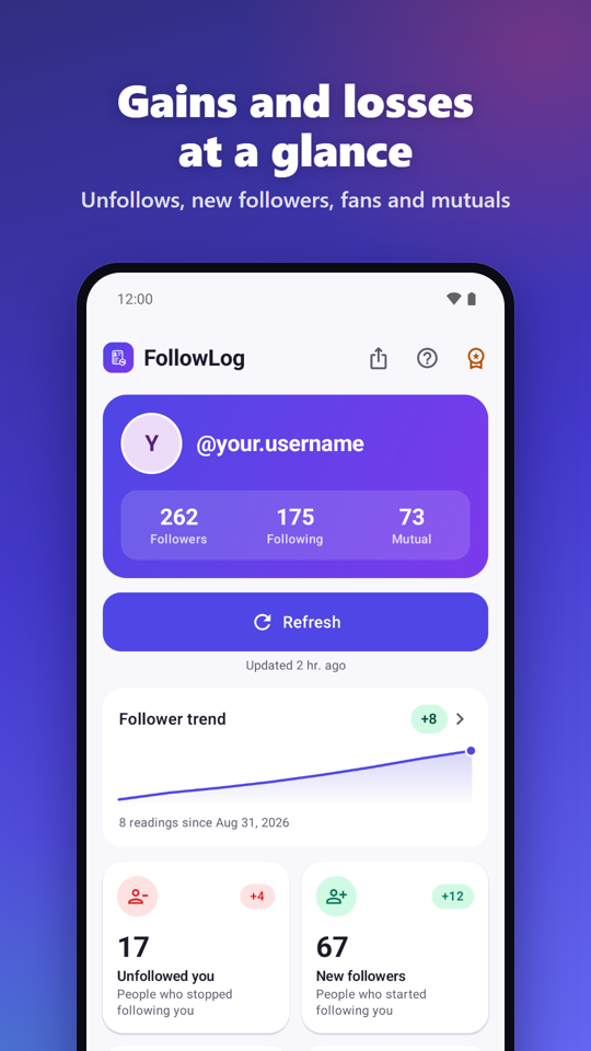 Home screen with gains and losses